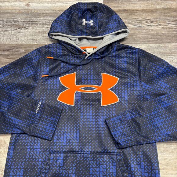 Under Armour Storm Blue Orange Mens S Loose Geometric Big Logo Pullover Hoodie - Picture 2 of 8